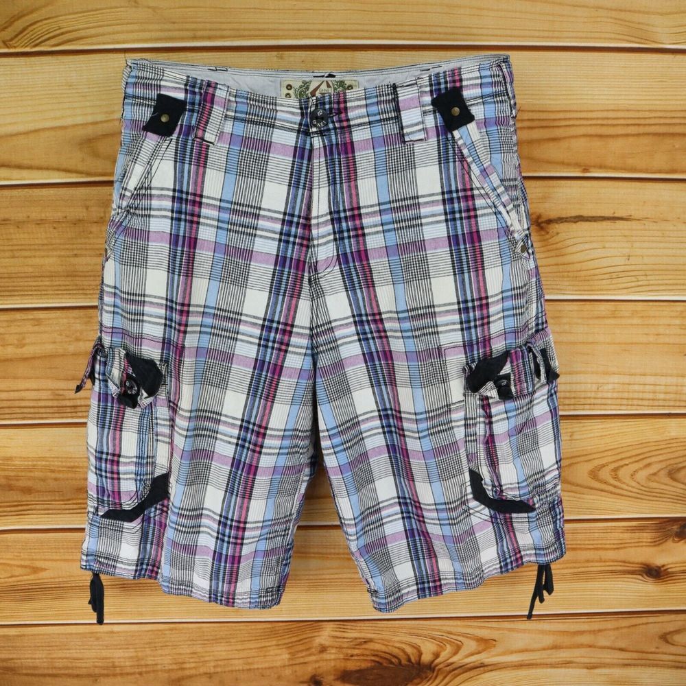 G-NET Bermuda Cargo Shorts‎ Mens 40 Multicolor Plaid 100% Cotton Button Pockets